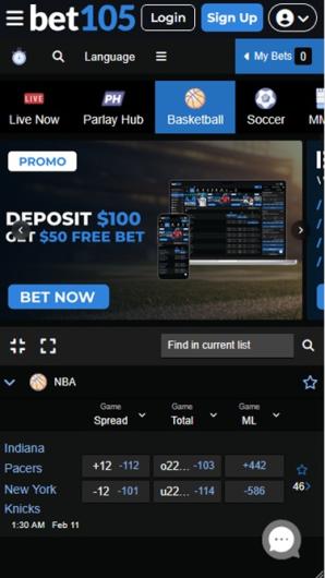Bet105 Sports Home Page mobile