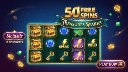 Découvrez l'offre de 50 tours passionnants de Slotastic sur Treasures Sparks